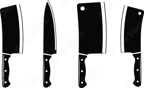 Set of Vector Silhouettes of Kitchen Knives – Chef, Butcher, and Cleaver Blades with Handles for Cooking, Food Prep, and Culinary Use