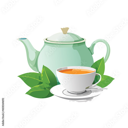 Mint Green Teapot and White Teacup with Leaves - AI Generated