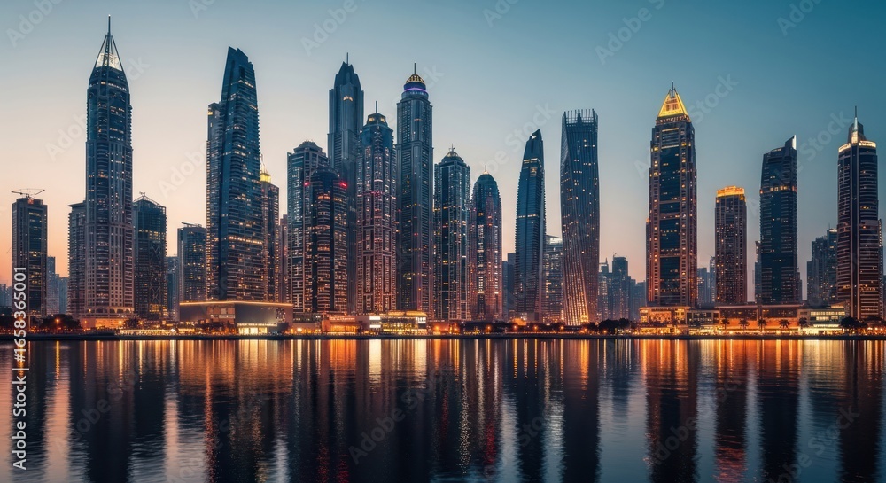 Fototapeta premium Sunrise over a city skyline reflected in water. Tall buildings line a waterfront