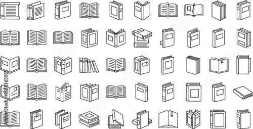 Vector set of black and white book icons, featuring various open and closed books for education, library, reading, literature, digital projects, and publishing design.