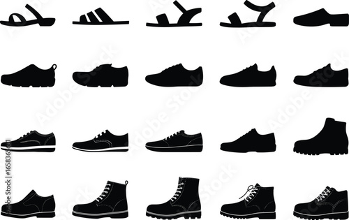 Vector set of black shoe silhouettes with detailed stitching and outlines, featuring sandals, sneakers, casual shoes, and boots in various stylish profiles and designs.