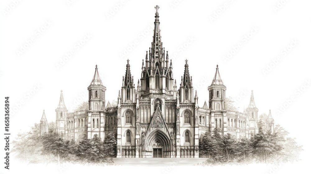 Fototapeta premium Ornate Gothic Revival cathedral, detailed drawing, centered composition