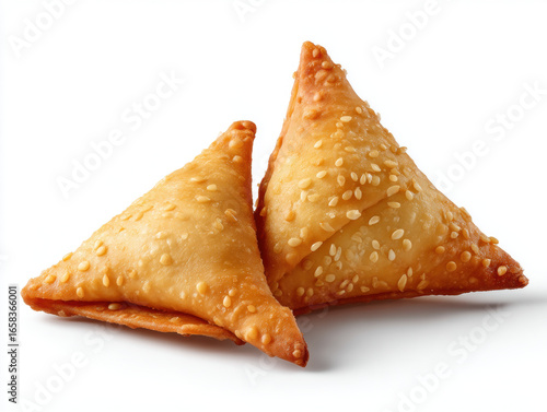Crispy golden fried triangular pastries sprinkled with sesame seeds, perfect for savory snack or appetizer with crunchy texture and rich flavor
