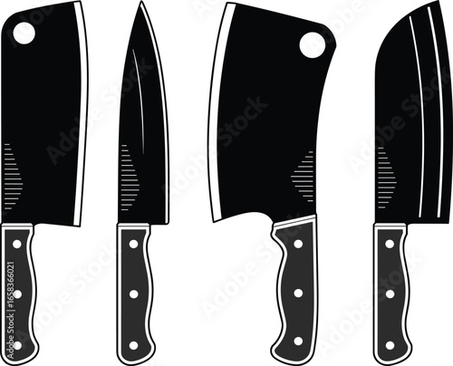 Vector Set of Kitchen Knives Silhouettes – Butcher, Chef, Cleaver, and Santoku Blades with Black Handles for Culinary and Cooking Design
