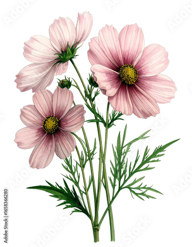 Watercolor Drawing Pink Cosmos Birth Flower Bouquet Illustration October Flower