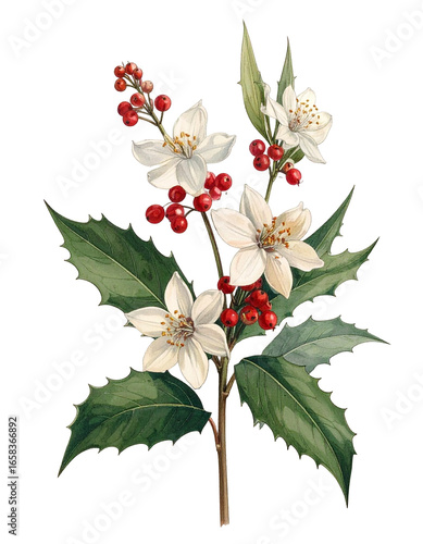 Watercolor Drawing White Holly Birth Flower Bouquet Illustration December Flower