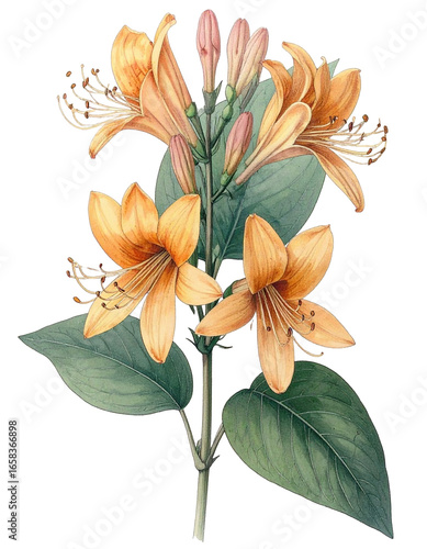 Watercolor Drawing Orange Honeysuckle Birth Flower Bouquet Illustration June Flower