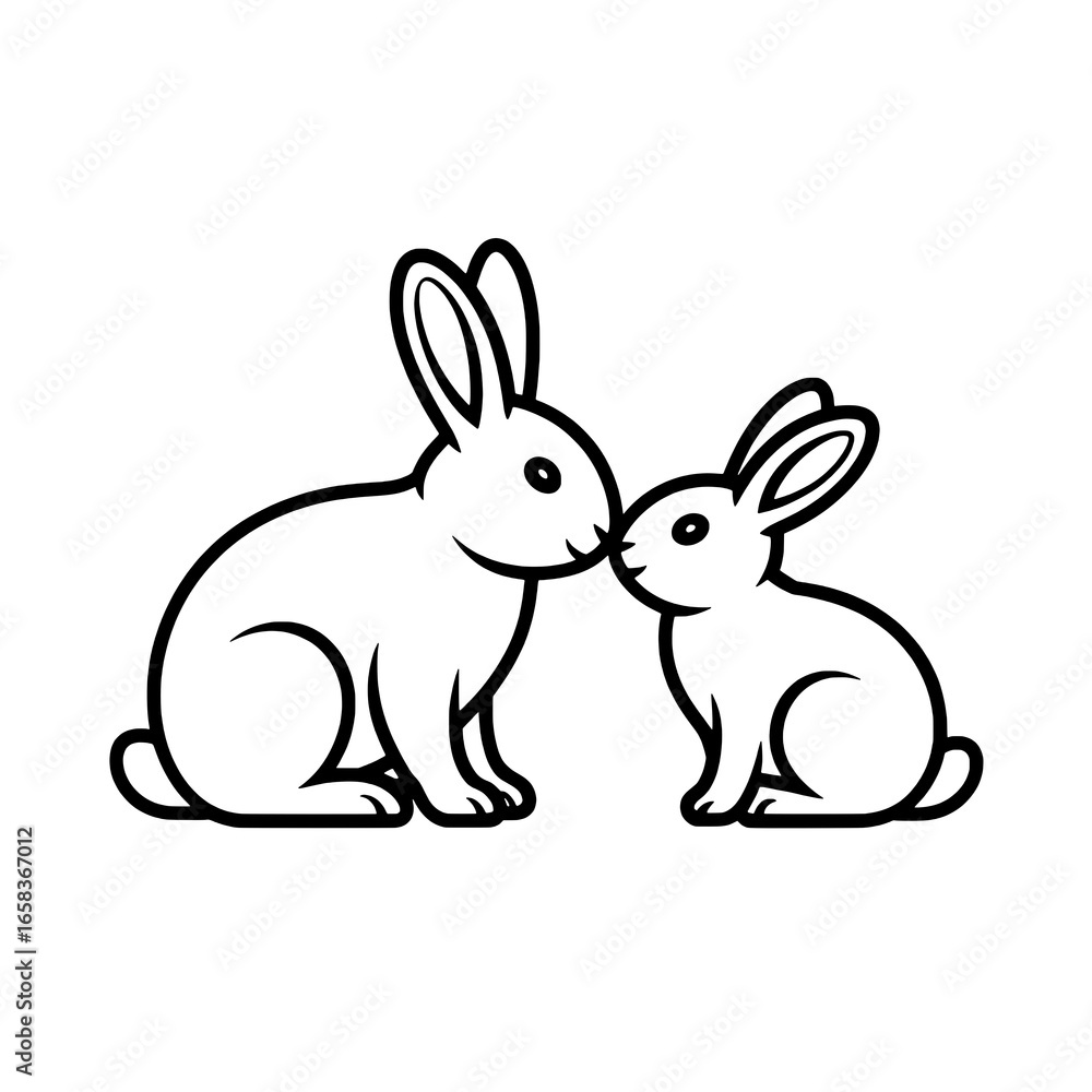 Fototapeta premium Two Line Art Rabbits: Adult and Baby Nosing, White Background