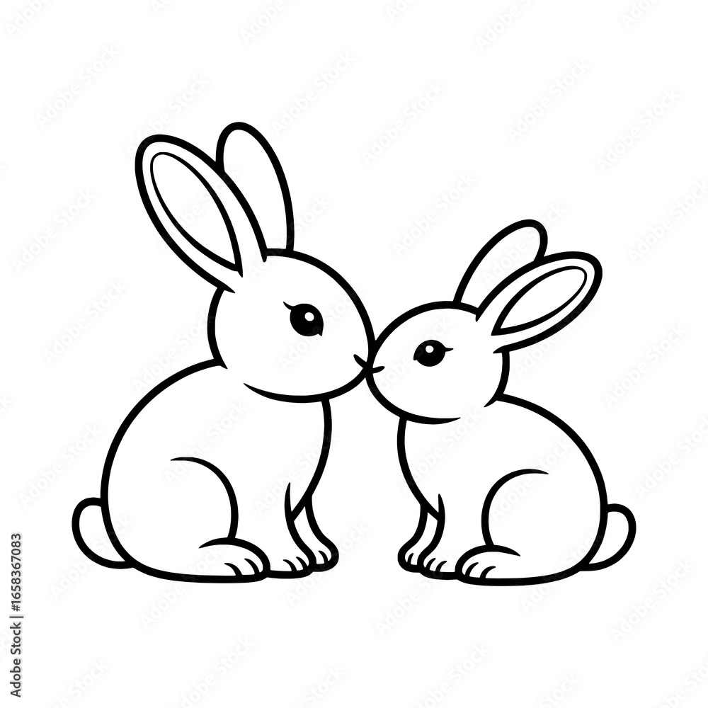 Fototapeta premium Two Outline Rabbits Kissing: Simple Black Line Art Illustration on White Background