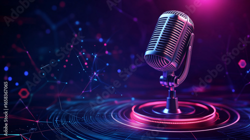 Podcast recording mic with neon tech background