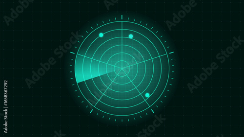 Air traffic radar scanner display vector illustration of radar scan, screen display. Digital radar screen. Futuristic sonar interface, navigation control monitor high-tech military target tracker.