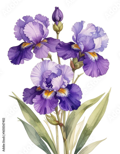 Watercolor Drawing Purple Iris Birth Flower Bouquet Illustration February Flower