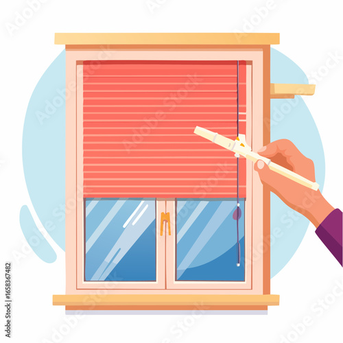 Person Adjusting Red Window Blinds