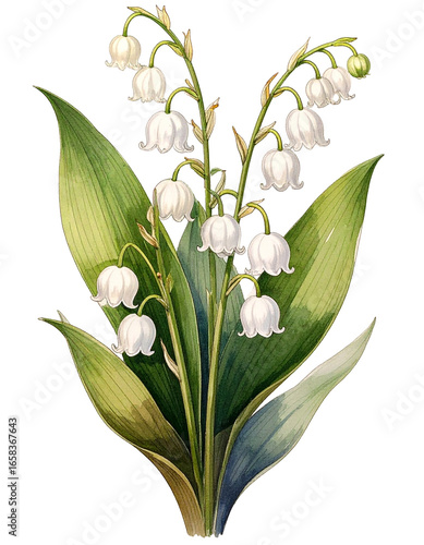 Watercolor Drawing White Lily Of The Valley Birth Flower Bouquet Illustration May Flower