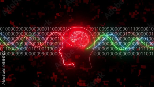 Neon Red Human Head Silhouette with Brain and Colorful Waves and Binary Code abstract artificial intelligence