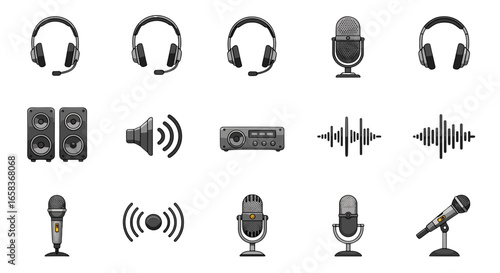 Diverse Audio Equipment Collection Featuring Headphones Microphones Speakers and Sound Waves Isolated on Transparent Background