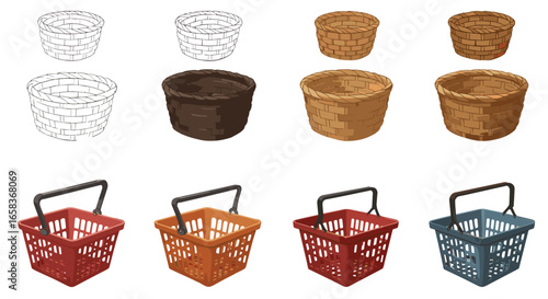 Versatile Woven and Plastic Shopping Baskets in Assorted Colors Isolated on Transparent Background
