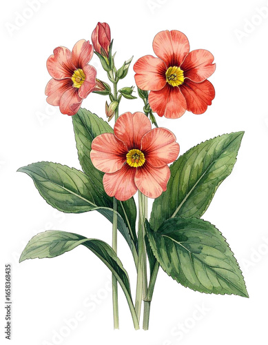 Watercolor Drawing Red Primrose Birth Flower Bouquet Illustration February Flower