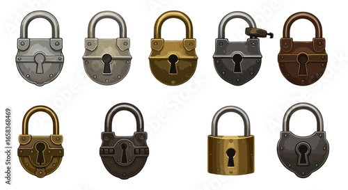 Collection of Vintage Padlocks Security Protection Old Metal Locks Isolated on Transparent Background
