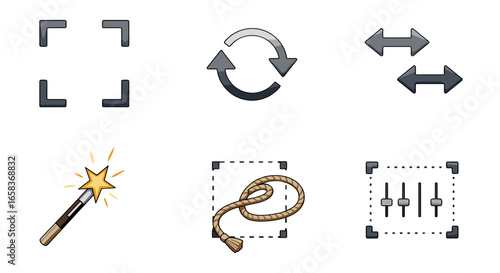 Collection of Digital Interface Icons Representing Creative Tools and Functionality for Design Editing