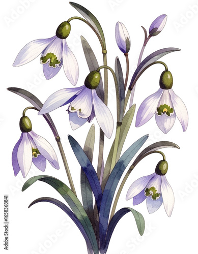 Watercolor Drawing White Snowdrop Birth Flower Bouquet Illustration January Flower