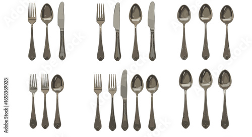 Antique Ornate Silverware Flatware Set With Forks Knives Spoons Isolated on Transparent Background