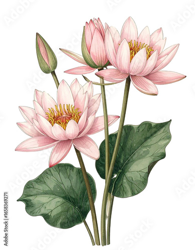 Watercolor Drawing Pink Waterlily Birth Flower Bouquet Illustration July Flower