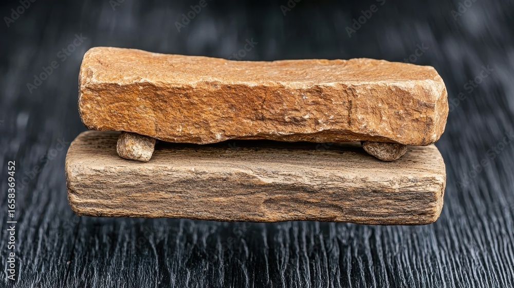 Fototapeta premium Stacked Brown Bone Pieces on Dark Wood Background