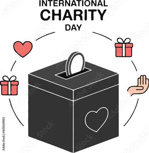 International Charity Day Donation Box with Heart and Gift Icons Vector Graphic