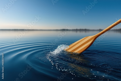 Wooden paddle slicing through calm water creating ripples on a clear day with a serene sky above