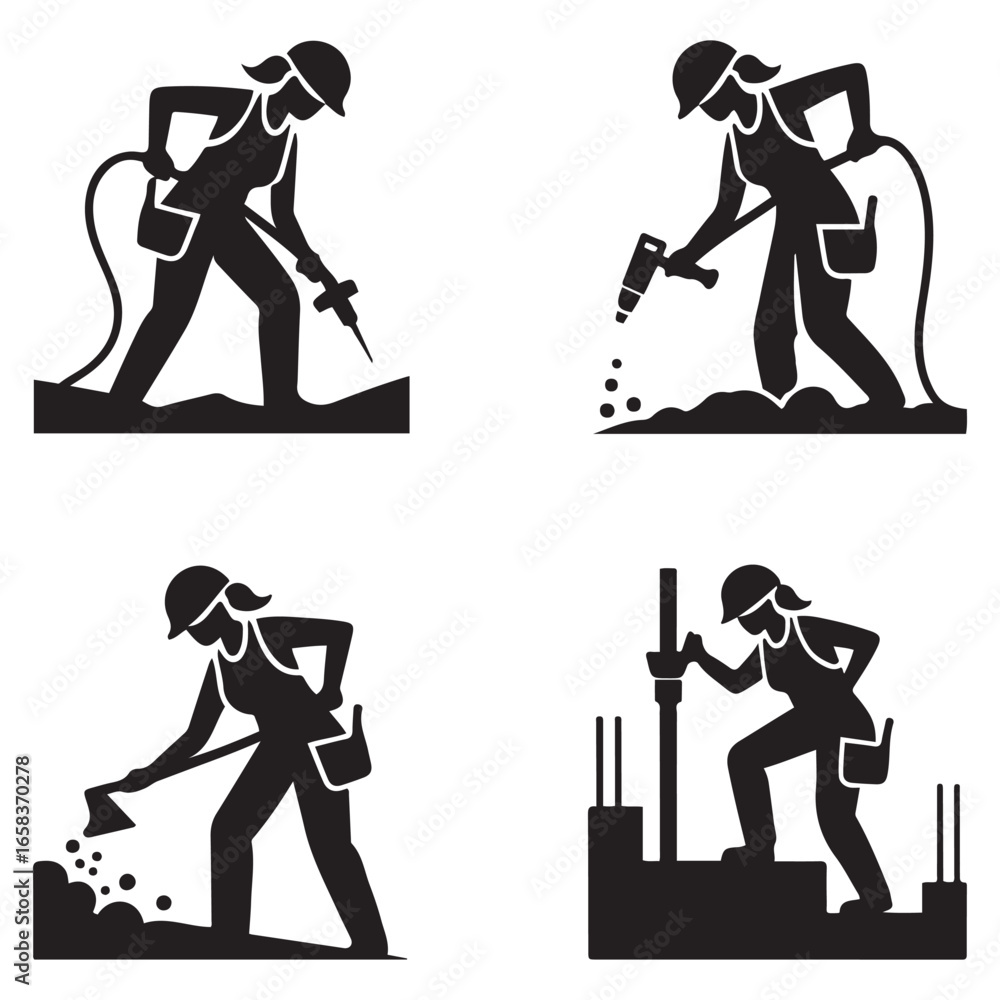 Obraz premium Female Construction Worker Icon Set Black Silhouettes. Vector black silhouette. with white background