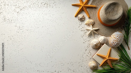 Summer Vacation Theme Seashells, Starfish, and Straw Hat on Textured Background