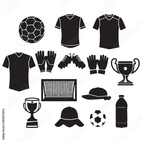 Vector art of black silhouette icons representing soccer or football, including balls, jerseys, cleats, gloves, a goal, caps, water bottles, and trophies, isolated on white background