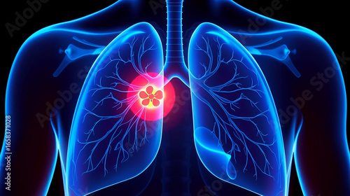 Lung cancer. Realistic transparent blue human lungs with tumor or Metastasis. Glowing effect on dark background. Vector illustration like X-ray image for