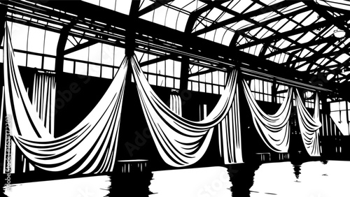 Black and white warehouse interior with draped fabric design for event decoration and industrial architecture