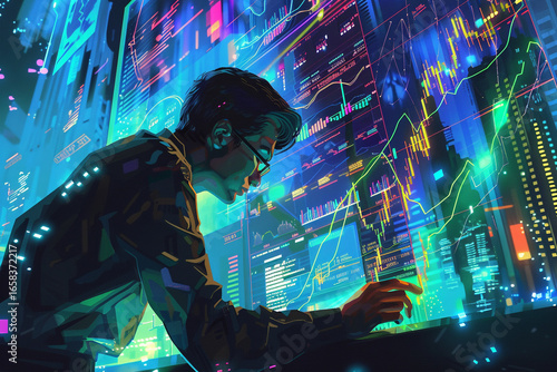 Data Analyst Monitoring Financial Trends in Futuristic Digital Space