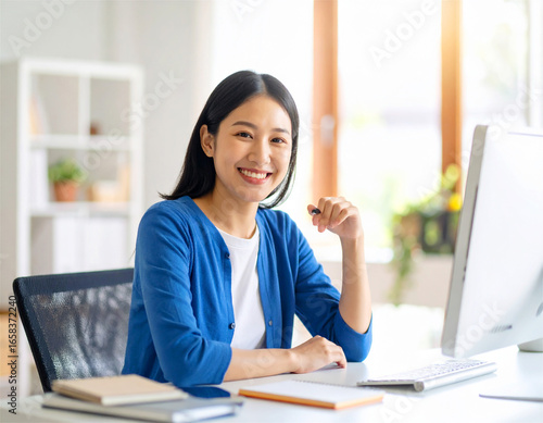 笑顔のビジネスウーマンが自宅オフィスでリモートワークするシーン — フリーランス・在宅勤務・オンライン会議・キャリアイメージ