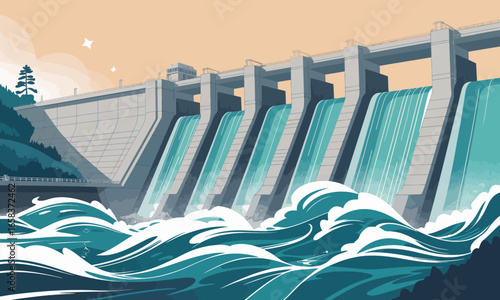 Hydroelectric dam illustration showcasing renewable energy with powerful cascading water and robust concrete structure for sustainable power generation