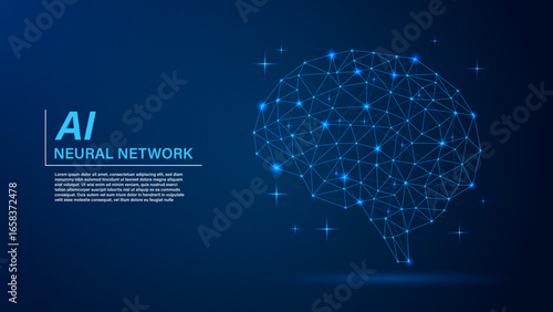 Artificial intelligence neural network brain background with glowing blue polygonal wireframe connections and futuristic digital technology design
