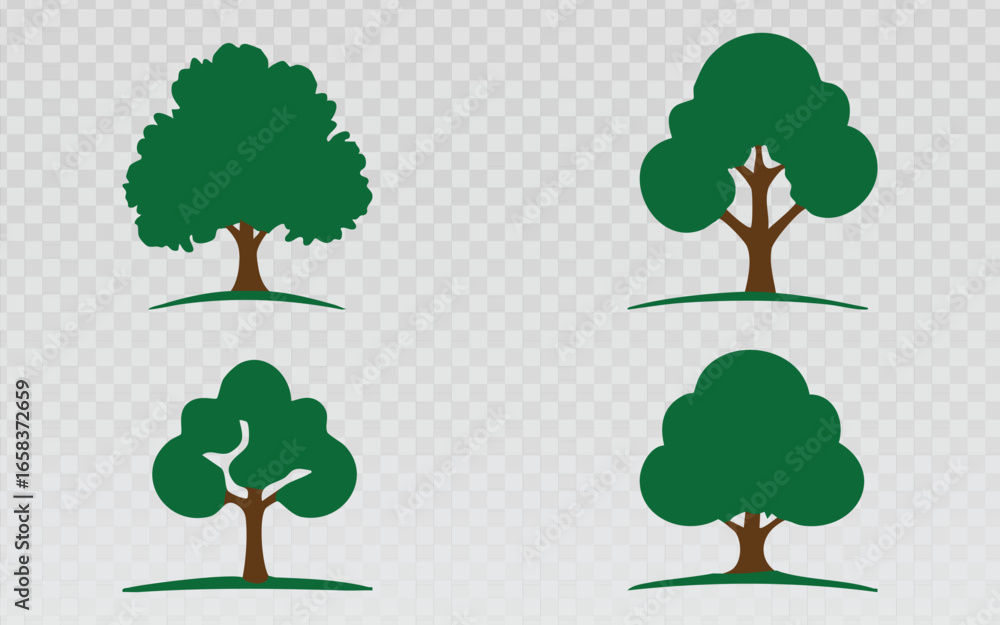 Fototapeta premium Collection of four clean and simple vector tree icons in various shapes and sizes, featuring a flat green and brown design with a transparent background. Ideal for logos, web design, and nature-themed