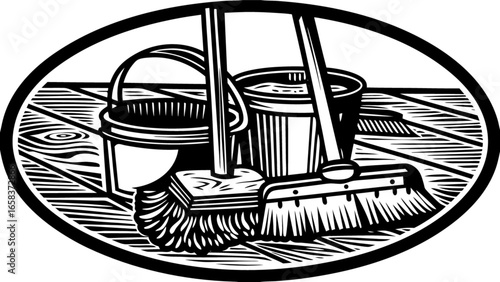 Cleaning supplies vector art: broom, mop, bucket, and brush for housekeeping and janitorial services design