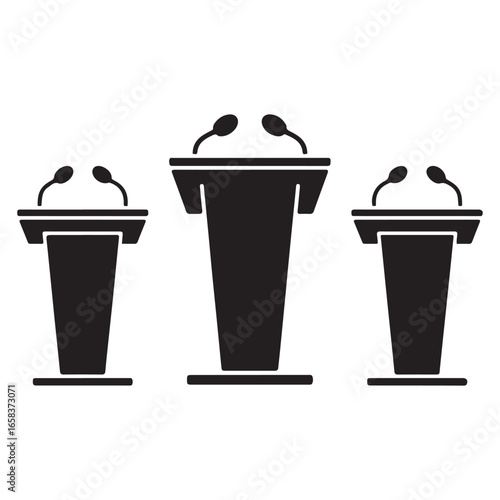 Vector illustration set of speech podiums with microphones representing presentation conference and public speaking. Vector black silhouette. with white background