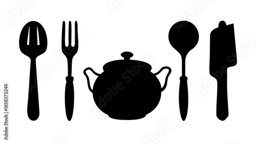 Kitchen utensils flatware silverware spoon fork knife sugar bowl silhouette cooking dining culinary art 100
