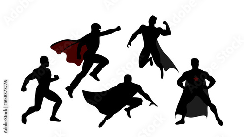 Superhero silhouette collection featuring heroic poses with capes in action and dynamic movement, a powerful display of strength