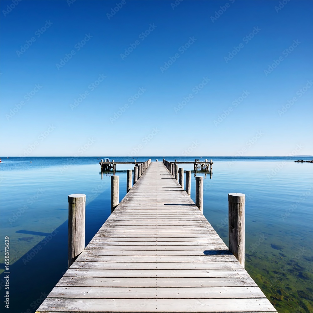 Obraz premium Tranquil wooden pier extending into a serene blue lake under a vast, clear sky