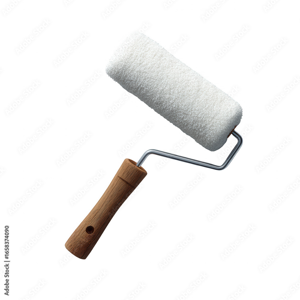 Obraz premium A clean paint roller with a wooden handle, isolated on a white background. Ideal for DIY projects and home improvement.