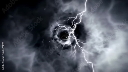 A swirling vortex of dark grey smoke, illuminated by a bright white lightning bolt that cuts through its center against a black background