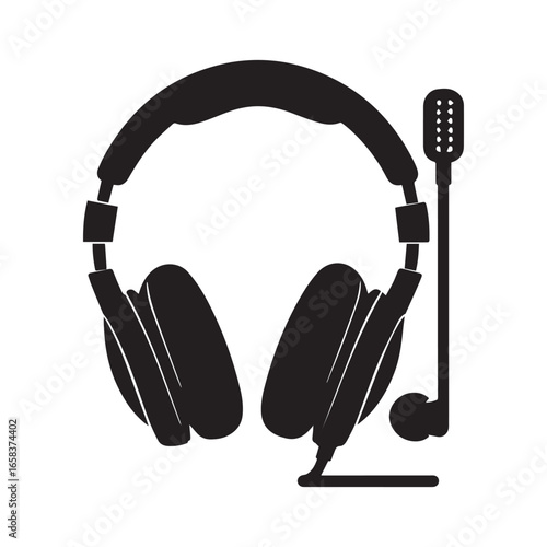 Vector art of black silhouette of a gaming headset with a microphone, isolated on white background