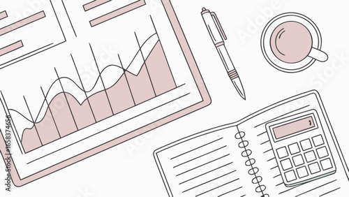 Business financial analysis and planning with charts calculator and coffee on desk top view concept 100