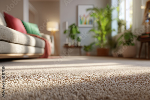 Cozy beige carpet in living room with soft natural light, modern furniture, and green plants creating a warm and inviting home atmosphere.